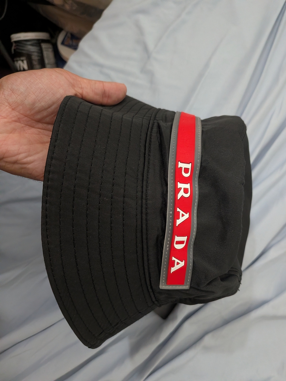 Prada Black Bucket Hat with Red Logo Band Medium